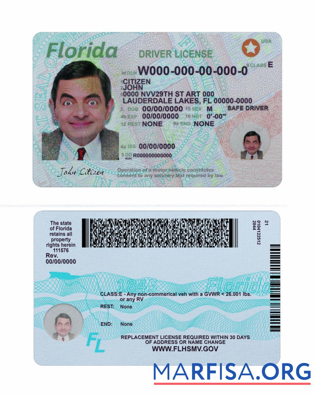 Blank USA Florida driving license 2018 present download for verification